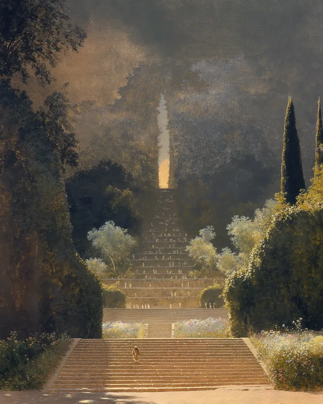 Beyond the gate: Stone steps between cypress trees rising to a glowing stepped temple. A painting by Max Hudson, made with AI.