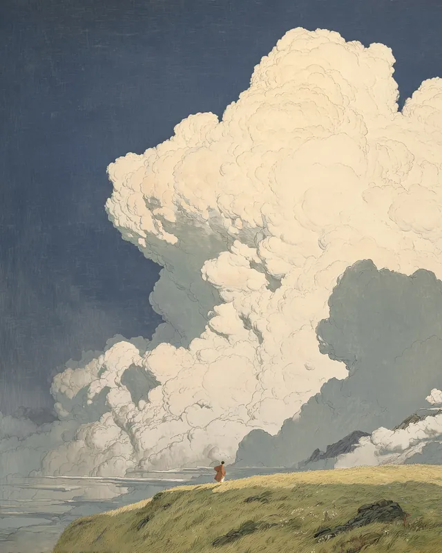 Bluff in the wind: A lone figure on a grassy bluff beneath towering white clouds. A painting by Max Hudson, made with AI.