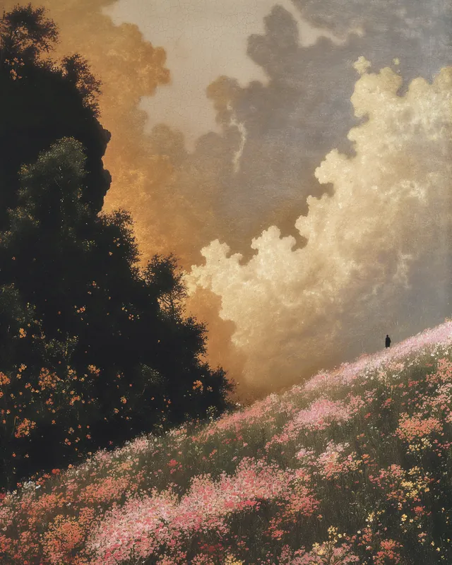 Fire on the horizon: A hillside of pink flowers under a sunset-lit bank of cloud. A painting by Max Hudson, made with AI.