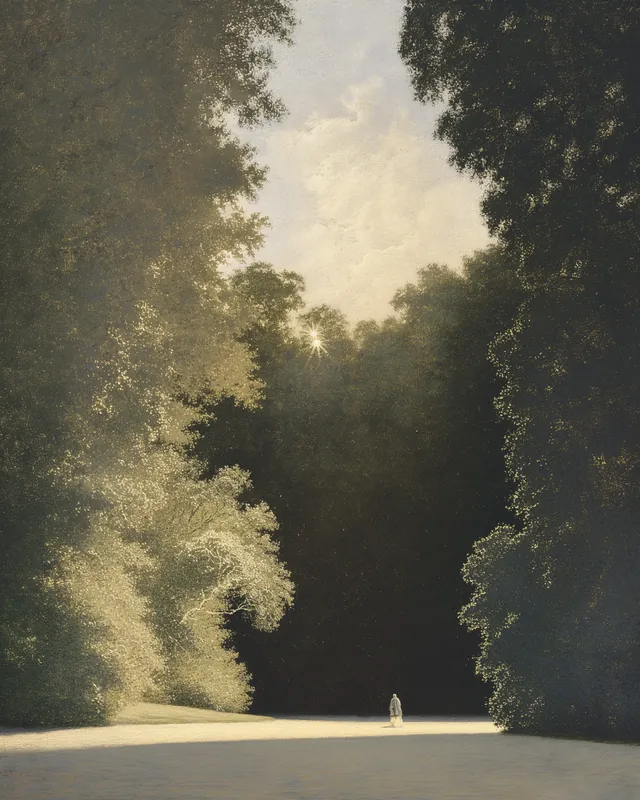 Gentle escape: A small figure in a sunlit clearing framed by deep green trees. A painting by Max Hudson, made with AI.