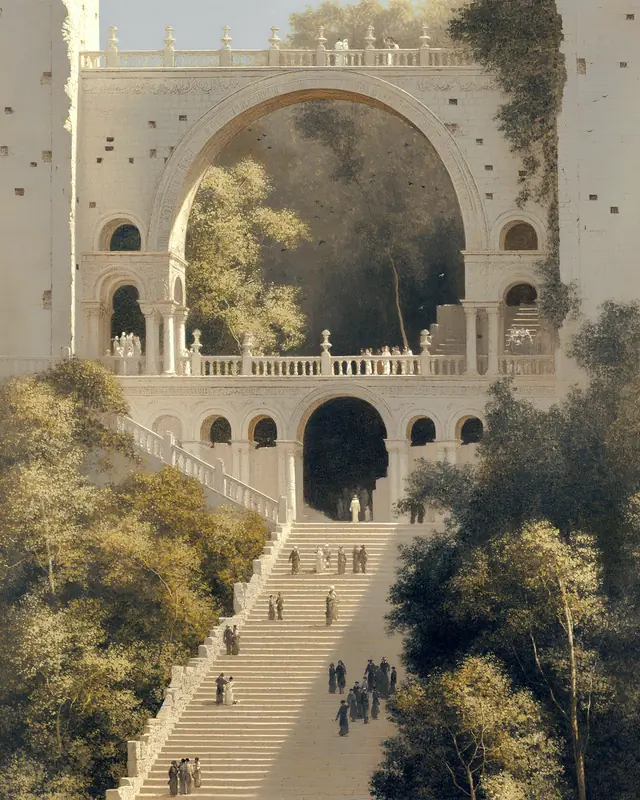 Into the forest: A grand white stair and arcade rising into a green forest, with walkers. A painting by Max Hudson, made with AI.