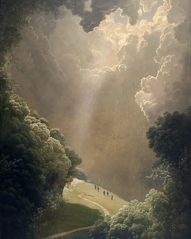 Open sky: A path climbing between dark trees into a bright, cloud-filled sky. A painting by Max Hudson, made with AI.