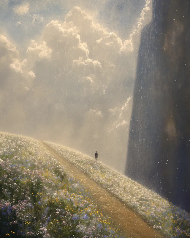 Warm summer rain: A tiny figure on a flowering slope beside a vast grey wall of rain. A painting by Max Hudson, made with AI.