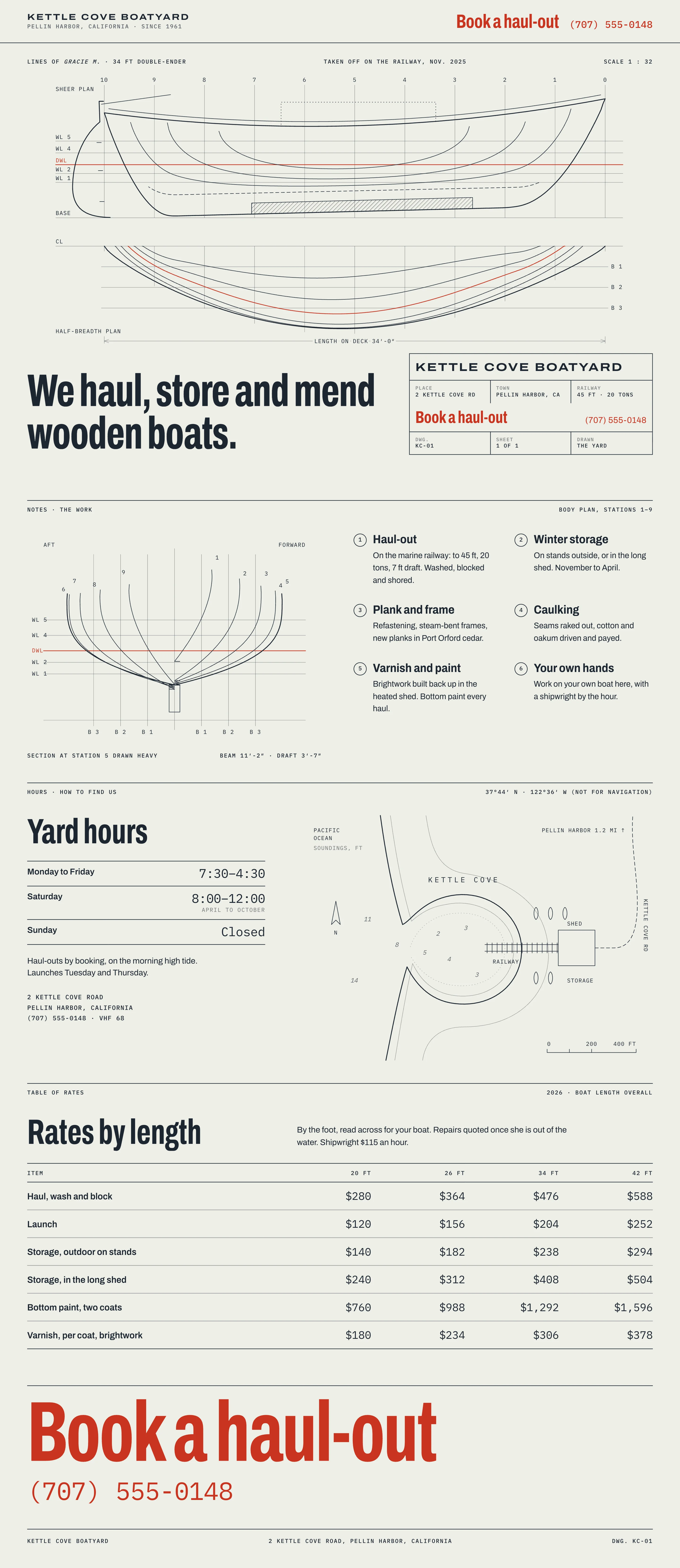 An invented boatyard’s website, drawn as a naval architect’s lines plan, on a computer