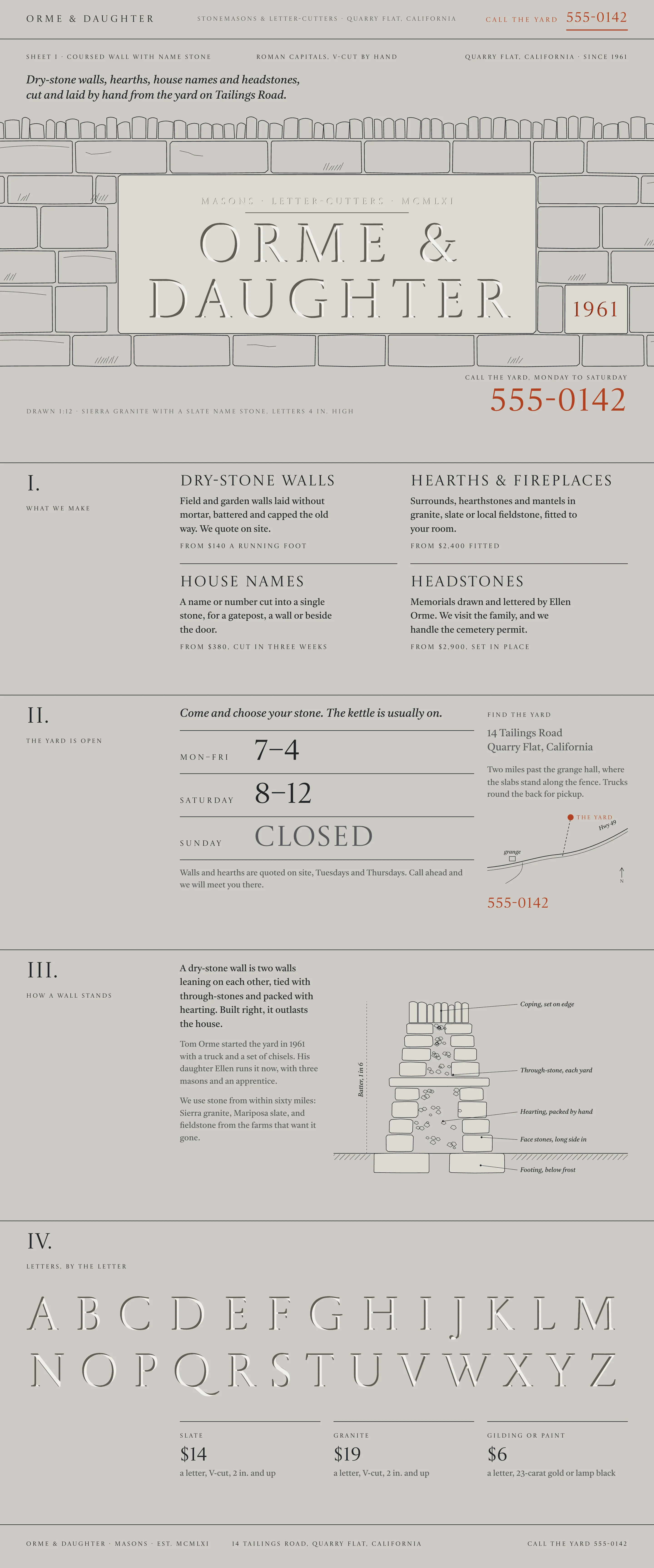 An invented stonemason’s website set in carved capitals, on a computer