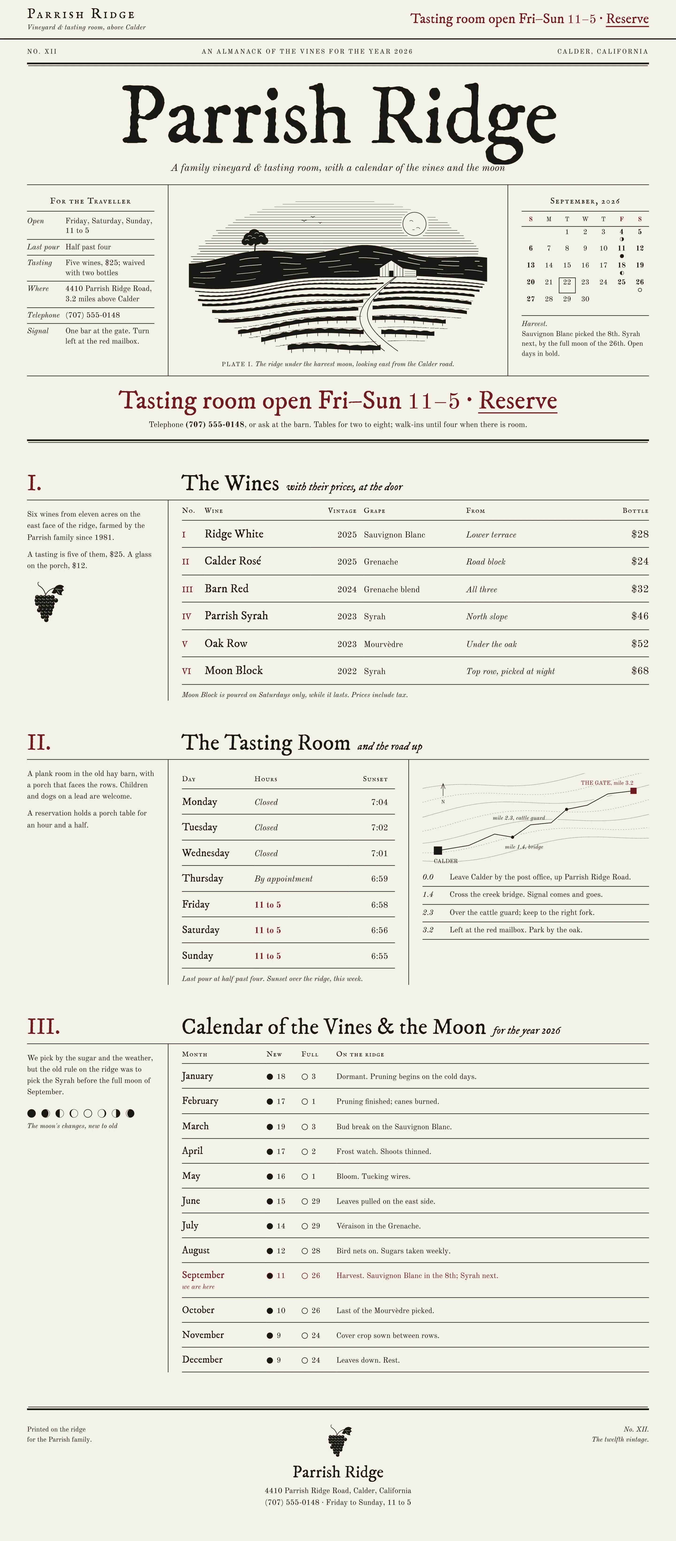 An invented vineyard’s website set as an almanac, on a computer